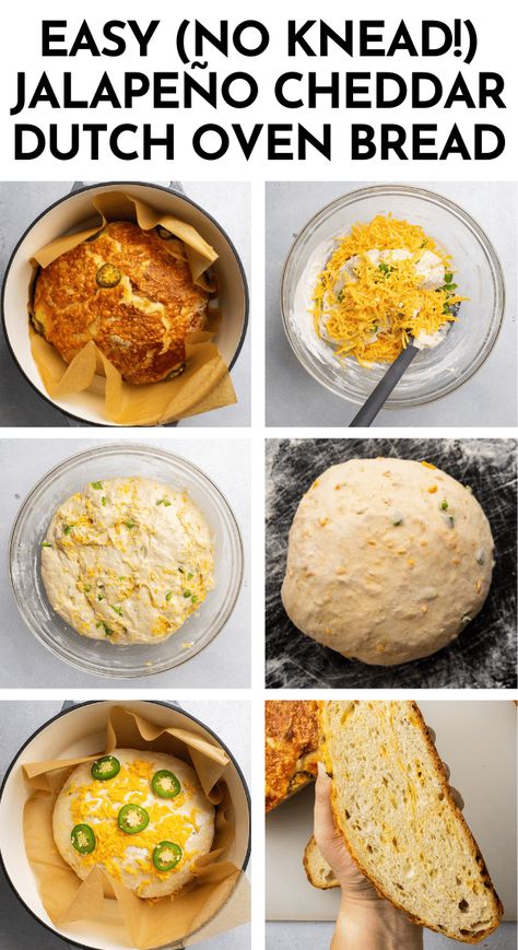 This easy jalapeño cheese bread is baked in a Dutch oven and is ready in just a few hours! With shredded sharp cheddar cheese, fresh jalapeños, and a simple bread dough. Includes plenty of step by step photos, a ton of notes and substitution ideas, and instructions to bake bread without a dutch oven! Perfect with your favorite tomato soup, as the base for a grilled cheese, or alongside a cozy chili recipe. Dutch Oven Cheddar Jalapeno Bread, Jalapeno Dutch Oven Bread, Cheddar Jalepeno Bread Dutch Oven, Jalapeno Bread Dutch Oven, Dutch Oven Jalapeno Cheese Bread, Soup Sides Bread, Cheddar And Jalapeno Bread, Dutch Oven Cheese Bread Recipes, Easy Jalapeno Cheese Bread