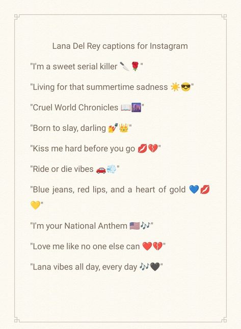 Lana Del Rey Instagram Bio, Lana Del Rey Captions Instagram, Lana Del Rey Captions, Post Caption, Caption For Instagram, Lana Del Rey Quotes, Clever Captions For Instagram, Clever Captions, Bff Drawings