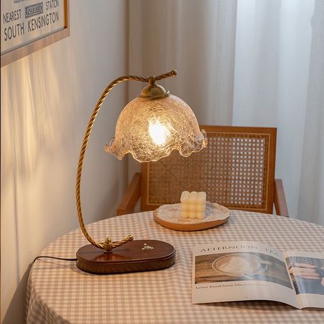 Minimalist table decor with a beautiful lamp design #lamp #design #minimalist #minimalstyle #tabledecor #tabledecor #designideas #cozyhome #cozy Flower Lamp Shade, Desk Lamps Bedroom, Retro Bedrooms, Antique Lamp, Home Vibes, Table Vintage, Future Apartment, Glass Table Lamp, Humble Abode