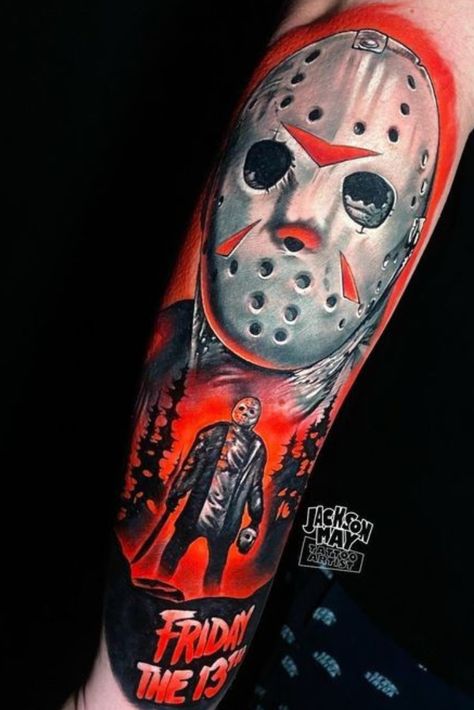 Jason Vorhees Tattoo, Movie Character Tattoos, Freddy Krueger Tattoo, Tattoo Layout, Horror Tattoo Ideas, Marvel Tattoo Ideas, Tattoo Sleeve Filler, Cyberpunk Tattoo, Horror Movie Tattoos