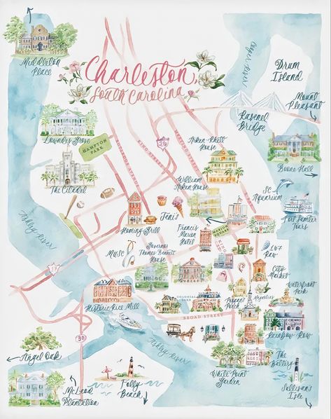 Charleston Map, Rainbow Row Charleston, Watercolor Mug, Charleston Art, Cheetah Print Wallpaper, Charleston Travel, Rainbow Row, Dorm Art, Pastel House