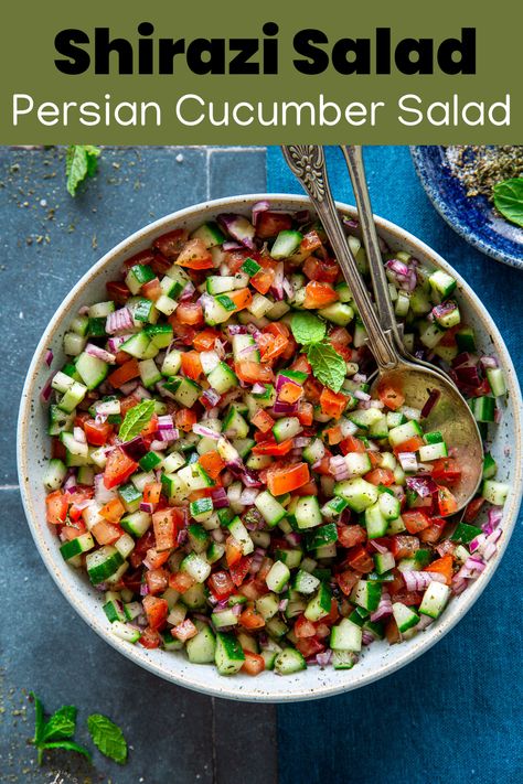 a bowl of Shirazi salad served with two serving spoons Indian Mint Sauce, Hungry Paprikas, Arabic Salad, Persian Salad, Shirazi Salad, Best Lunch Recipes, Simple Dressing, Popular Side Dishes, Vegan Salads