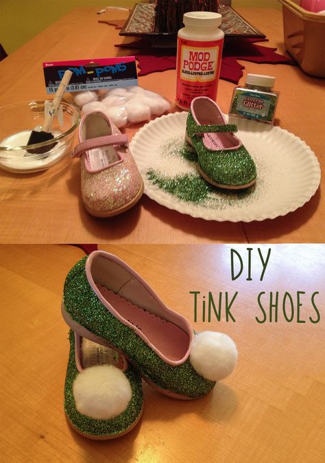 Tinker Bell Shoes Diy, Diy Tinkerbell Shoes, Tinker Bell Trunk Or Treat, Tinker Bell Diy Costume, Tinker Bell Costume Diy, Tinker Bell Party Ideas, Diy Tinkerbell Costume, Tinker Bell Party, Tinkerbell Shoes