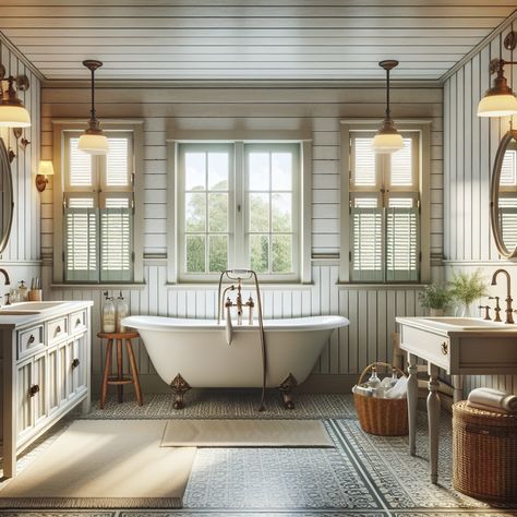 Appliances like overhead light fixtures and bronze faucets should possess a touch of historic charm. Additional aesthetics could include shiplap walls painted in a fresh, clear color and a beautiful patterned tile floor. It should have the coziness of modern amenities without losing the classic allure of colonial architecture. This image could serve as an ideal remodel inspiration. Claw Bathtub Ideas, Clawfoot Tub Bathroom Ideas, Megan Griffin, Claw Foot Tub Bathroom, Claw Bathtub, Tub Bathroom Ideas, Clawfoot Tub Bathroom, Bathtub Ideas, Open Showers