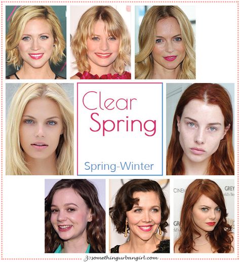 Clear Spring, Spring-Winter seasonal color celebrities by 30somethingurbangirl.com Clear Spring Palette, Light Spring Color Palette, Spring Skin, Warm Hair Color, Light Spring Colors, True Spring, Clear Spring, Spring Color Palette, Spring Hair Color