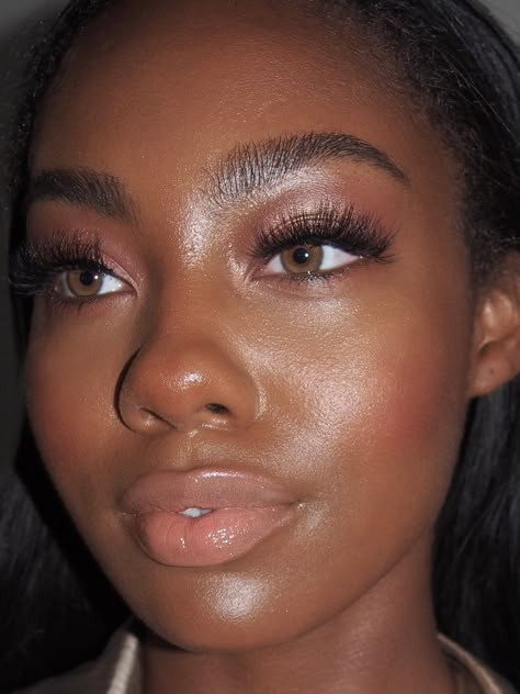 Black Femininity Makeup, Hazel Eyes On Black Women, Soft Glowy Makeup Black Women, Hazel Eyes Dark Skin, Peachy Makeup Look On Dark Skin, Bronze Makeup Dark Skin, Black Women With Hazel Eyes, Dark Skin Light Eyes, Dewy Makeup Black Women