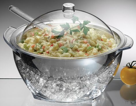 A salad server with an acrylic dome to protect food and keep it cold for hours. 40 Serving Essentials For A Serious Super Bowl Party Ice Bowl, Salads To Go, Easy Summer Meals, Super Bowl Party, Salad Bowls Set, Chafing Dishes, Superbowl Party, Pasta Salad Recipes, Food Platters