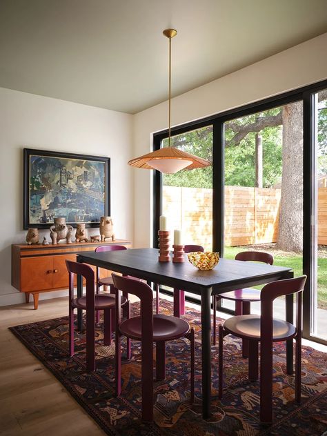 There's Nothing New Looking About This Ground-Up Austin Home Repurpose Dining Room Space, Transitional Dining Room Inspiration, Repurpose Dining Room, Warm Dining Room, Mid Century Dining Room, Living Room And Kitchen Design, Build Home, Vintage Dining Room, Stone Dining Table