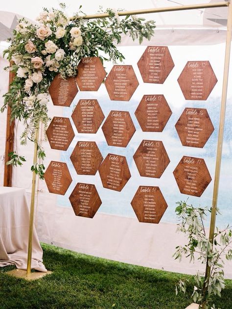 Hexagon Seating Chart, Hexagon Wedding Decor, Creative Seating Chart, Copper Display, Wedding Hexagon, Sitting Plan, Seating Chart Display, Table Plan Wedding, Creative Seating