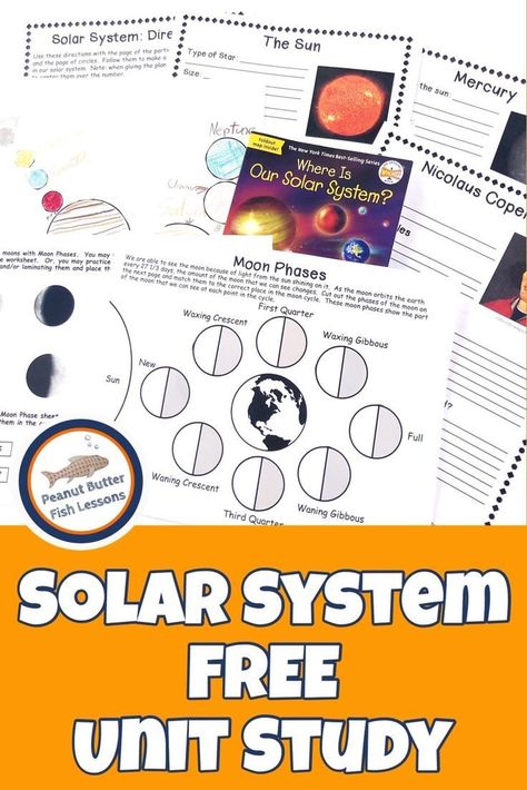 Learn all about the Solar System in this week's FREE Unit Study! Learn all about planets, moon phases, space exploration and more!  Practice researching, following directions, and creative writing!  And make your own solar system model! #peanutbutterfishlessons #solarsystem #freeprintable #unitstudy #homeschool Solar System Homeschool Unit, Homeschool Solar System Unit Studies, Homeschool Space Unit, Solar System Homeschool, Space Unit Study Homeschool, Space Unit First Grade, Free Unit Studies, Space Homeschool, Solar System Unit Study