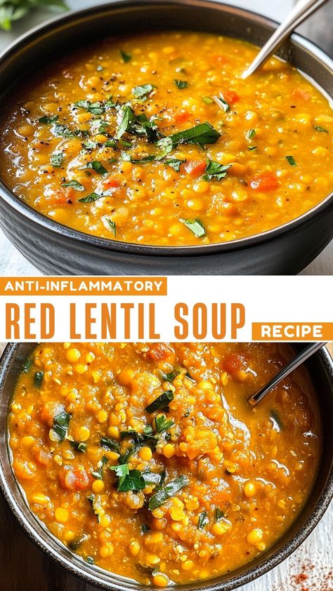 Warm up with this hearty Anti-Inflammatory Red Lentil Soup! Packed with nutritious red lentils, fresh vegetables, and aromatic spices, this comforting soup is perfect for a cozy dinner or meal prep. Enjoy its vibrant flavors while supporting your health. Save this recipe for chilly days or when you need a healthy boost! Clean Lentil Soup, Thick Lentil Soup, Moroccan Carrot Red Lentil Soup, Alkaline Lentil Soup, Healthy Red Lentil Recipes, Lentils Healthy Recipe, Red Lentil And Chickpea Soup, Healthy Red Lentil Soup, Soup Lentil Recipes