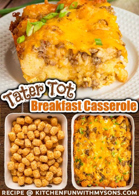 With frozen tater tots, breakfast sausage, creamy eggs, and cheese, this Tater Tot Breakfast Casserole is a hit with the whole family. Quick and easy to prepare, this savory casserole is a great option for breakfast or brunch.  #breakfastcasseroles #brunchideas Breakfast Casserole With Tots, Cheesy Tater Tot Breakfast Casserole, Tater Tot Egg Bites, Breakfast Casserole With Tater Tots Easy, Gator Tot Breakfast Casserole, Tarot Tot Breakfast Casserole, Crockpot Tater Tot Breakfast Casserole, Tatie Tot Breakfast Casserole, Sausage Tater Tot Breakfast Casserole