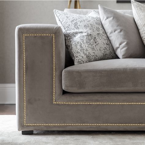 Poshish Sofa Design, Sofas With Contrasting Piping, Sofa Stiching Detail, Grey Studded Sofa, Sofa Fringe Detail, Sofa Makeover, Sitting Room Design, Grey Couch Living Room, Luxury Furniture Sofa