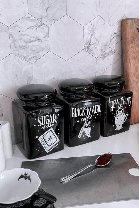 Gothic Kitchen Accessories, Kitchen Gothic Decor, Horror Kitchen Decor, Goth Pantry, Killstar Home, Soft Goth Home Decor, Spooky Kitchen Ideas, Gothic Dishware, Goth Kitchenware