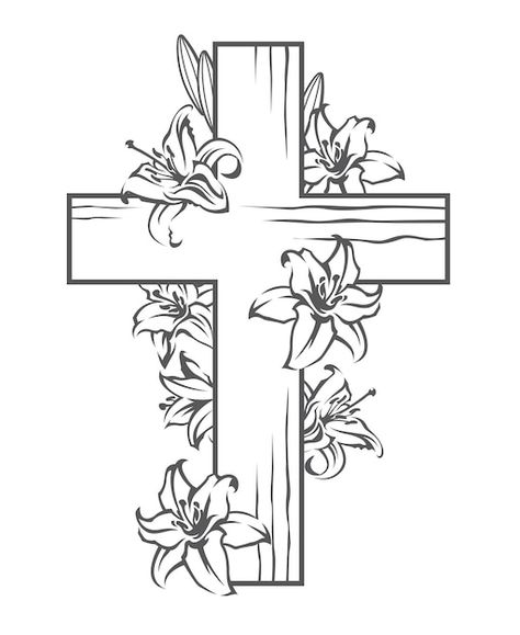 Vector cross with white lilies | Premium Vector #Freepik #vector #lily #lily-flower #flower-branch #flower-bouquet Cross Drawing, Easter Sunday School, Easter Drawings, Line Doodles, Easter Templates, Jesus Artwork, Easter Lily, Lily Tattoo, Inspirational Verses