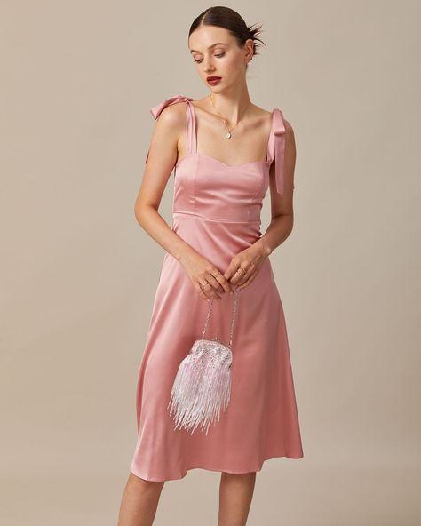 Free shipping on orders over $69. Shop The Pink Tie Shoulder Shirred Satin Midi Dress - pink - xs,s,m,l,xl at RIHOAS. Satin Midi Dress Outfit, Pink Satin Midi Dress, Tie Strap Midi Dress, Tailored Clothes, Pink Dresses, Sleeveless Midi Dress, Pink Tie, Dress Satin, Satin Midi Dress