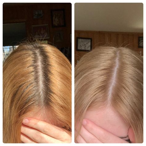 Lightened my roots without bleach. I used ion color brilliance high lift in the “cool blonde” shade mixed with 30 volume. I did a 1:2 ratio. (Double the volume) Afterwards I toned my hair with a Wella T18 and 30 volume. I again used the 1:2 ratio. High Lift Tint Blonde, High Lift Blonde Before And After, Lighten Hair Without Bleach, Blonde Without Bleach, High Lift Blonde, V Shaped Layers, Wella T18, Solid Blonde, Hairstyle At Home