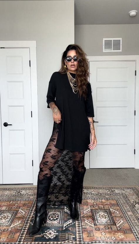 Classy With Tattoos Outfits, All Black Summer Outfits Casual, Black Maxi Dress Outfit Ideas Casual, Party Outfit With Boots, Black Lace Pants Outfit, Trendy Outfits 2024, Black Punk Outfits, Black Lace Shirt Outfit, Chic Festival Outfits