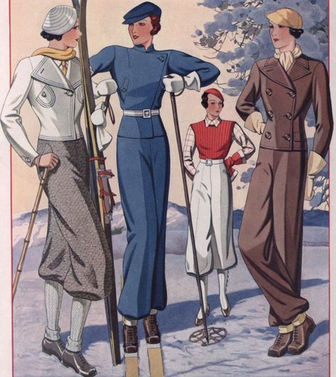 1934 Poirot Fashion, 1934 Fashion, Maine Snow, Ski Outfit Men, 20th Century Dress, Vintage Winter Fashion, 1930s Fashion Women, Vintage Skiing, Vintage Ski Posters