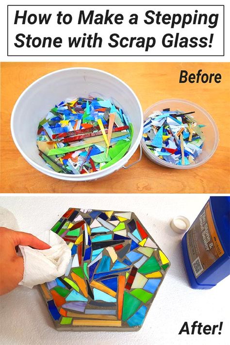 Glass Mosaic Art Diy, Mosaic Stepping Stones Diy, Glass Mosaic Stepping Stones, Scrap Stained Glass Projects, Diy Mosaic Stepping Stones, Stepping Stone Patterns, Diy Glass Mosaic, Stained Glass Stepping Stones, Mosaic Houses