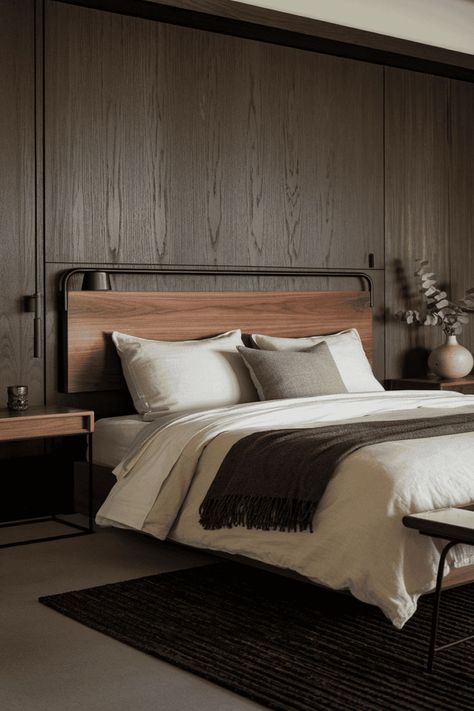 Japandi Bedroom: Dark Accents Serenity - Modern Elegance Japandi Apartment, Japandi Bedroom Design, Black Metal Accents, Japandi Bedroom, Bedroom Dark, Japanese Minimalism, Decor Elements, Japandi Style, Wood Tones