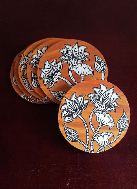 Indian folkart themed coaster set. Available with a holder Handpainted Coasters Ideas, Indian Coasters, Handpainted Coaster, Coasters Ideas, Coaster Painting, Tray Painting, Handpainted Coasters, Coasters Design, Jewelry Packaging Diy