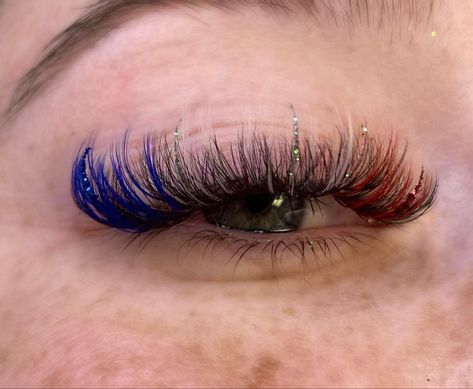 Red And Blue Lash Extensions, 4th Of July Lash Extensions, Blue Lash Extensions, Lash Patterns, Eyelash Tech, Lash Ideas, Lash Maps, Glitter Lashes, Eyelash Tips