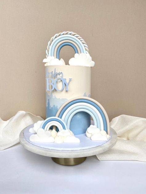 Pastel Blue Birthday Decorations, Blue Boho Cake, Rainbow Cake For Boys, Gender Reveal Cake Rainbow, Sky Theme Cake, Rainbow Baby Shower Ideas For Boys, Blue Rainbow Cake, 1 Year Baby Boy Birthday Cake Ideas, Rainbow Baby Shower Cake