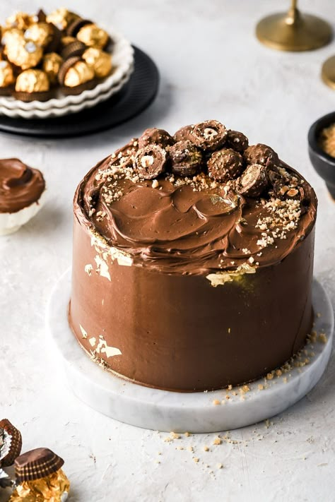 Ferrero Rocher Cake - Baran Bakery Mum Cake, Rocher Cake, Fluffy Chocolate Cake, Ferrero Rocher Cake, Chocolate Cake Designs, Hazelnut Cake, Chocolate Cake Decoration, Cake Inspo, Birthday Cake Chocolate