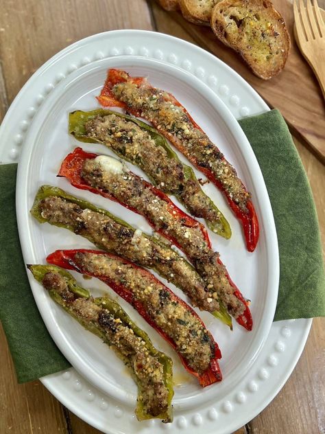 Stuffed Long Hots are a delicious first course for the hot pepper lovers in your life! Italian Hot Peppers, Stuffed Long Hots, Long Hot Peppers, Sausage Mozzarella, Hot Pepper Recipes, Tomato Basil Sauce, Hot Sausage, Long Hots, Sausage And Peppers