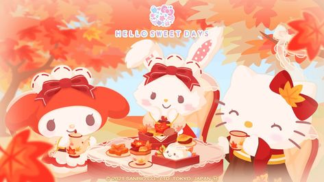 Sanrio Fall Desktop Wallpaper, Sanrio November Wallpaper, Sanrio Fall Wallpaper Laptop, Hello Kitty Fall Wallpaper Desktop, Christmas Sanrio Wallpaper Desktop, Cute Cat Wallpaper Pc, Fall Sanrio, Sanrio Autumn, Desktop Wallpaper Fall