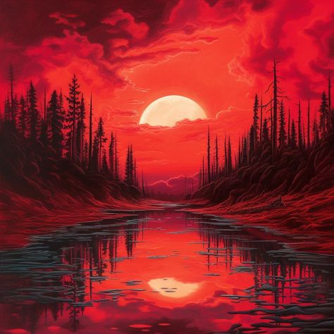 "Nature's fiery embrace: where the red lake meets the red sky, a mesmerizing symphony of passion and beauty 🌅❤️" Red Sky Drawing, Red Landscape Painting, Red Sky Painting, Red Monochromatic Painting, Red Landscape, Forest Cartoon, Book Cover Background, Monochromatic Painting, Cute Dragon Drawing