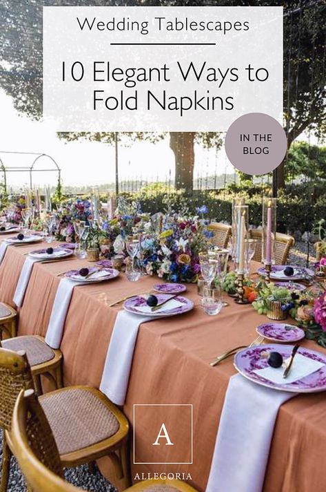 Discover 10 elegant napkin folding techniques that elevate your wedding reception decorations and table settings. Our guide offers step-by-step instructions to craft stunning wedding tablescapes. Visit the blog for more insights. Elegant Napkin Folding, Ways To Fold Napkins, Wedding Napkin Folding, Ribbon Wedding Decorations, Tablescapes Wedding, Wedding Brunch Reception, Fold Napkins, Table Setting Wedding, Brunch Table Setting