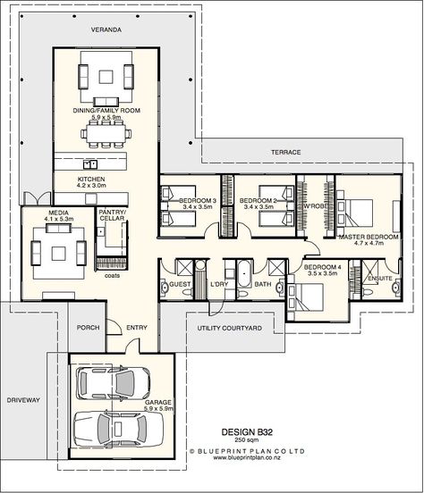 U Shaped Ranch House, T Shaped House Plans, T Shaped House, House Plans Unique, L Shaped House Plans, L Shaped House, Modern Bungalow House, 4 Bedroom House Plans, Home Design Floor Plans