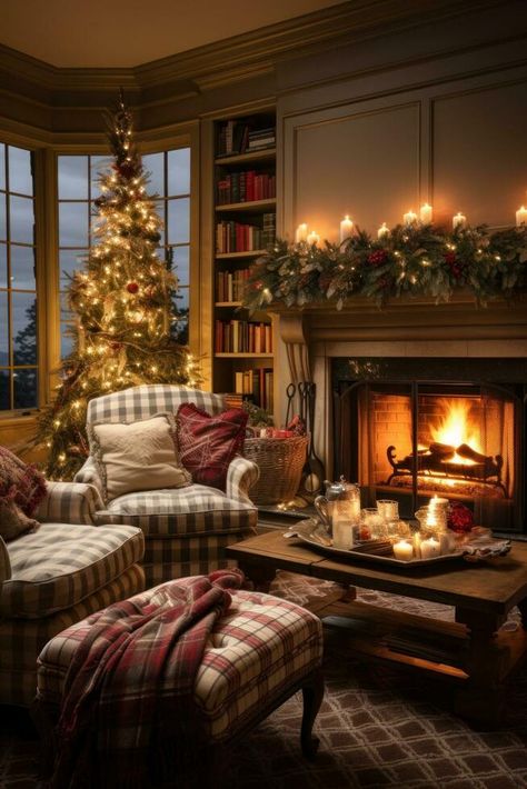 Cozy Christmas Tree Ideas, Old Fashion Christmas Decor, Cozy Christmas Decor Living Room, Cosy Snug Room Ideas, English Cottage Christmas Decor, Christmas House Interior, Christmas Cozy Aesthetic, Living Room With Christmas Tree, Cozy Family Christmas