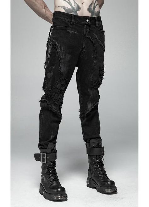 Punk Jeans, Ripped Denim Pants, Hipster Grunge, Punk Rave, Punk Outfits, Style Punk, Long Trousers, Alt Fashion, Gothic Outfits