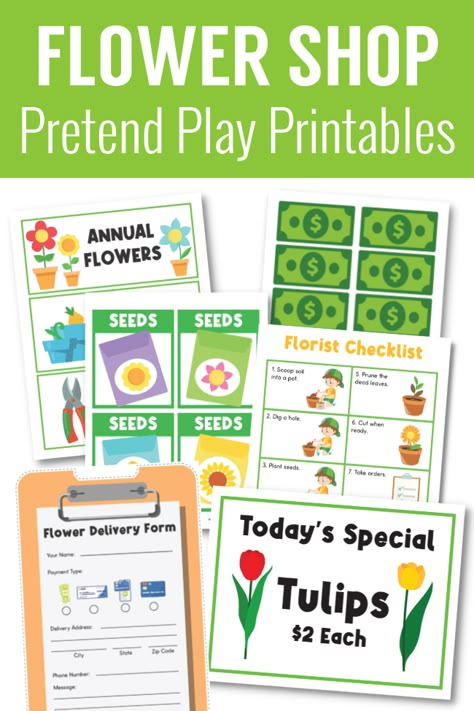 Play Printables, Spring Dramatic Play Ideas, Flower Dramatic Play, Home Dramatic Play Preschool, Flower Shop Printables Free, Flower Shop Preschool, Spring Dramatic Play, Dramatic Play Center, Flower Market Dramatic Play