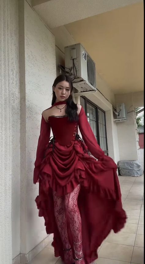 Red Assymetrical Dress, Red Romantic Dress, Purple Fancy Outfits, Red Dress Grunge, Descendants Aesthetic Outfits, Dress With Blouse Underneath, Royal Red Aesthetic, Opera Aesthetic Outfit, Maneater Outfit