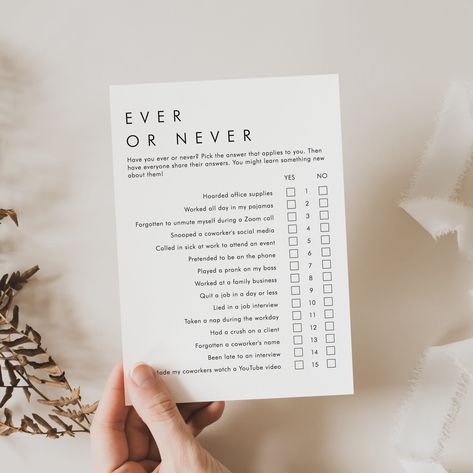 Office Party Ever or Never Game Printable | Work Party Game Idea, Never Have I Ever Questions, Minimalist Company Team Building Activity AM1 Never Have I Ever Questions, Work Party Games, Team Building Activity, Party Planning Guide, Office Party Games, Never Have I Ever, Team Building Activities, Game Printable, Planning Guide