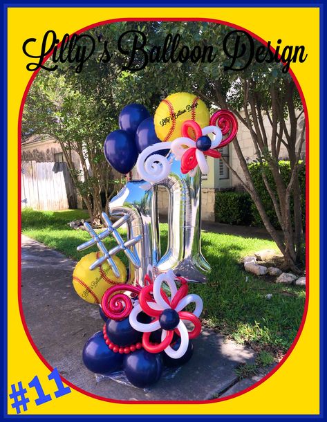 Softball Balloon Garland, Softball Balloon Arch, Softball Balloon Decorations, Softball Balloons, Softball Backdrop Ideas, Softball Centerpieces Table Decorations, Softball Senior Night Dugout Decorations, 80s Balloons, Sweet 16 Softball Theme