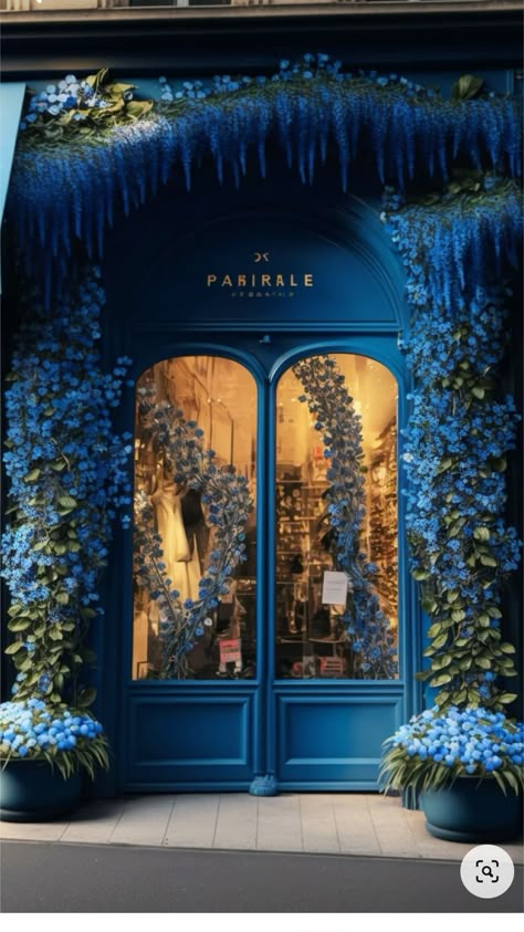 Cafe Outside Design Store Fronts, Beautiful Store Fronts, European Floral Design, Coffee Blue Aesthetic, Blue Cafe Interior, Flower Store Design, Blue Beauty Salon, Whimsical Restaurant, Store Front Ideas