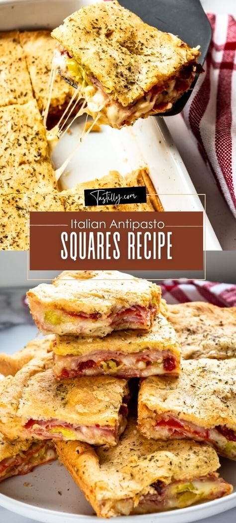 15-Minute Prep-Time Antipasto Squares - Tastilly Antipasto Squares Crescent Rolls, Italian Sub Squares, Antipasto Tacos, Italian Squares, Savory Snacks For Party, Family Appetizers, Christmas Potluck Dishes, Antipasto Squares, Italian Stromboli