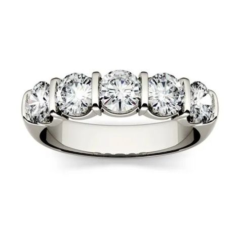 1.65 CTW DEW Round Forever One Moissanite Five Stone Band in 14K White Gold | Charles & Colvard Silver Anniversary Gifts, Moissanite Band, Helzberg Diamonds, Luxe Jewelry, Wedding Rings Solitaire, Silver Anniversary, Forever One Moissanite, White Gold Chains, Silver Engagement Rings