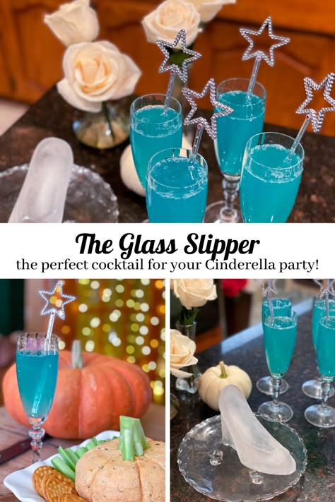 An easy champagne cocktail inspired by Cinderella! Cinderella Cocktail Drink, Disney Inspired Drinks Cocktails, Cinderella Dinner Ideas, Cinderella Themed Food Ideas, Cinderella Inspired Food, Cinderella Themed Snacks, Blue Champagne Cocktails, Cinderella Themed Bachelorette Party, Disney Movie Night Dinner Cinderella