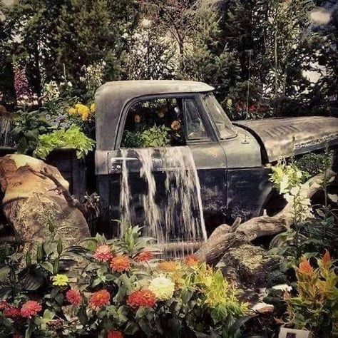 Vintage truck waterfall Planter Hanger, Backyard Waterfall, Waterfall Ideas, Taman Air, Backyard Pond, Garden Waterfall, Waterfalls Backyard, Old Truck, Yard Project