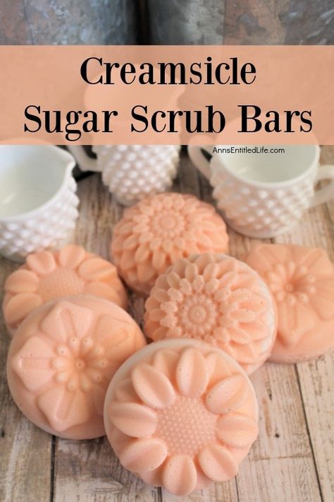 Creamsicle Sugar Scrub Bars. This easy sugar scrub recipe is a convenient body scrub as it is soap based. Made with natural ingredients, this sugar scrub soap makes great hostess gifts, Christmas presents, or keep for personal use! It is easier than you think to make a homemade body scrub, so follow these simple step-by-step to make creamsicle sugar scrub bars. Body Scrub Bars Diy, Diy Spa Stuff, Body Scrub Bar, Best Sugar Scrub Recipe, Soap Scrub Recipe, Body Sugar Scrub Diy Recipes, Soap Making Designs Ideas, Sugar Scrub Bars Diy, Homemade Products To Sell