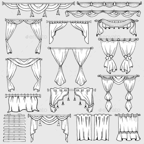 Curtains Window Shades and Drapery Icons Curtains Drawing Reference, Drawing Of Curtains, Architecture Drawing Window, Curtain Home Decor, Vintage Room Drawing, How To Paint Curtains, How To Draw A Curtain, Window With Curtains Drawing, Window Drawing Reference