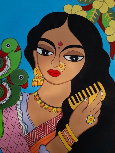 Mithila painting Madhubani Painting Woman, Mithila Art Design, Postal Colour Painting, Folk Art Drawing Ideas, Mithila Painting Design, Mithila Painting Indian Folk Art, Indian Folk Art Painting Easy, Indian Acrylic Painting, Madhubani Drawing Indian Paintings