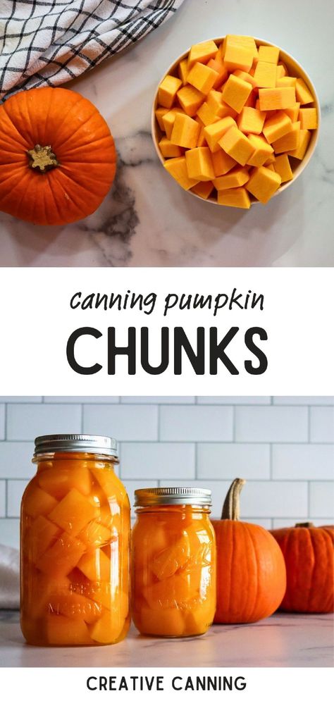 Try canning pumpkin chunks at home with this simple, pressure canning method. Storing pumpkin this way ensures you have it ready for pies, soups, and more, without worrying about freezer space or spoilage. Find more winter squash recipes, pumpkin recipes, preserving pumpkins, and Home Canning Recipes at creativecanning.com. Pressure Canning Recipes For Beginners, Soup Canning Recipes, Amish Canning Recipes, Unique Carrot Cake, Canning Pumpkin, Canning Syrup, Pressure Canning Meat, Canning Soup Recipes, Preserving Pumpkins