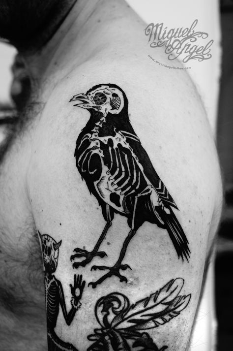 https://flic.kr/p/LHa7mG | Crow skeleton design by ©Tony Fitzpatrick tattoo | Miguel Angel Custom Tattoo Artist www.miguelangeltattoo.com www.latinangel.co.uk/ London United Kingdom 00 44 7501 845 139 (Mobile) 00 44 2089 485 535(Studio) Crow Skeleton, Tony Fitzpatrick, Skeleton Design, Tattoo On, Skeleton, Black And White, Tattoos, White, Black